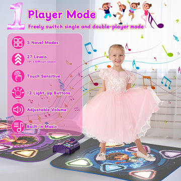 Upgraded Dance Mat For Kids, Single & Double Players Mode Electronic Dance Pad With Light-Up 12-Button Wireless Bluetooth 5 Game