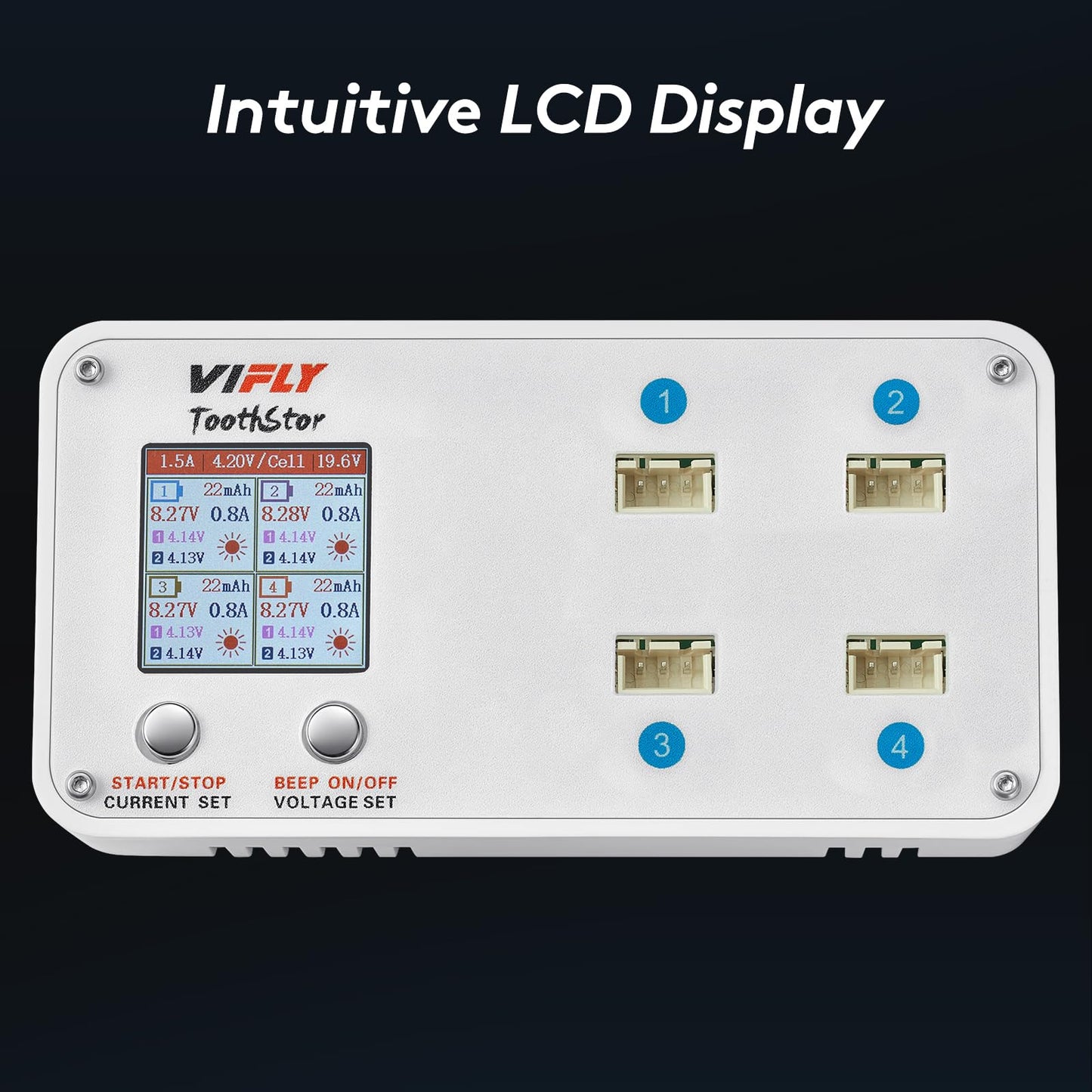VIFLY ToothStor 4-Port 2S LiPo Balance Charger with Storage Mode - Compact White Design for High-Performance Charging