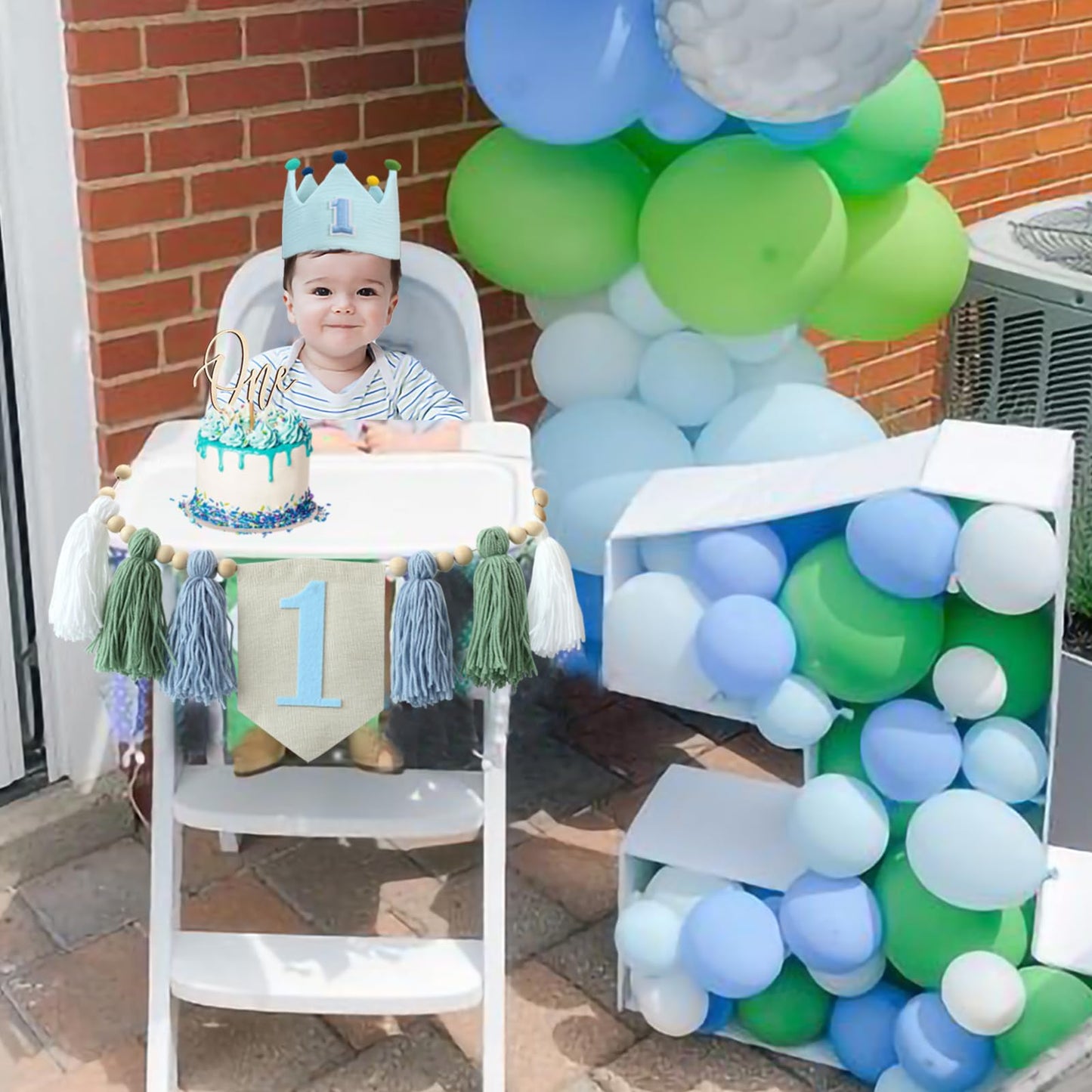 Baby 1St Birthday Party Decorations For Handmade Tassel Garland Highchair Banner With One Cake Topper Blue Crown Hat