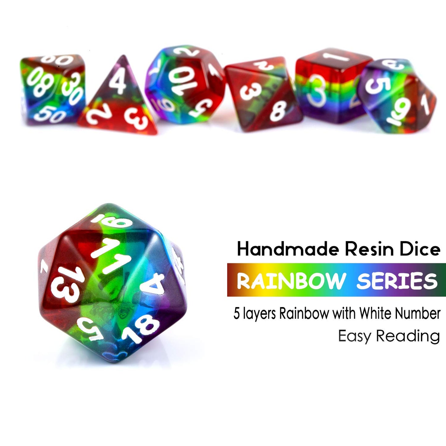 Rainbow DND Dice Set, DNDND Transparent Rainbow Polyhedral Die with Free Organza Bag for D&D Dungeons and Dragons RPGs Role Play