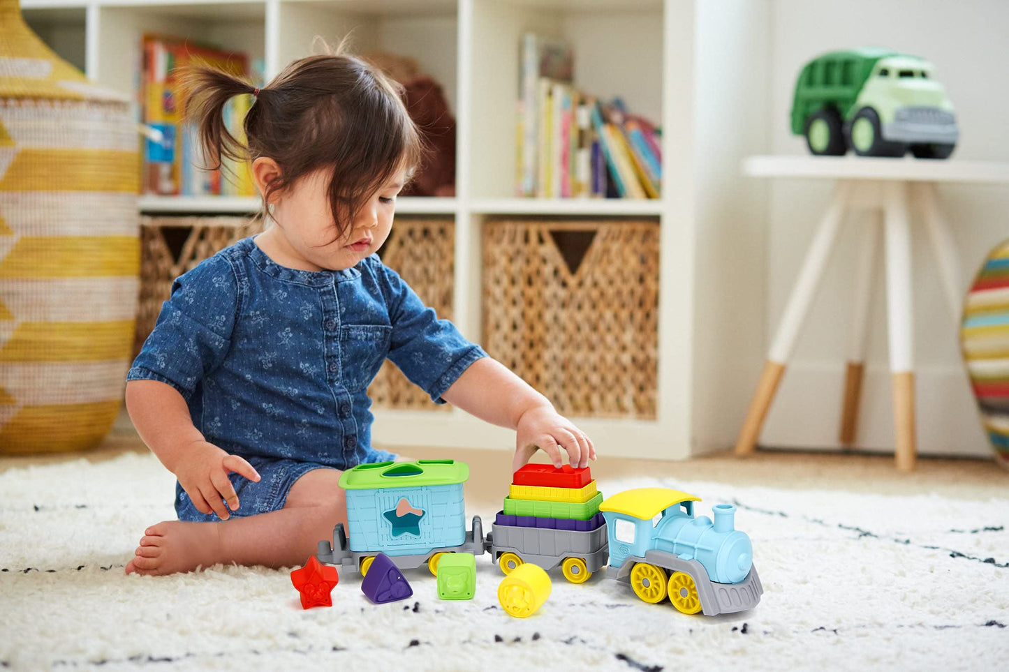 Green Toys Stack & Sort Train, Blue - 12 Piece Pretend Play, Motor Skills, Kids Toy Vehicle Playset. No Bpa, Phthalates, Pvc. Dishwasher Safe, Recycled Plastic, Made In Usa.