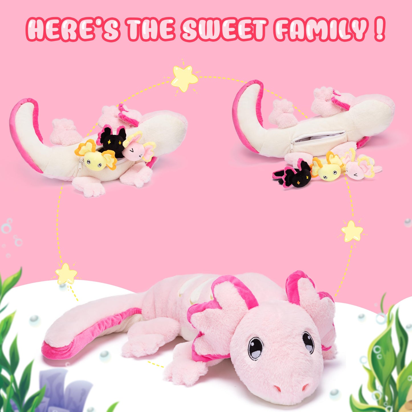 Ikasa Mommy Axolotl Stuffed Animal Mom And Baby Plush Toy, Cute 20.5'' Soft Small Mama Family Set Cuddly Toys With Little Mini B