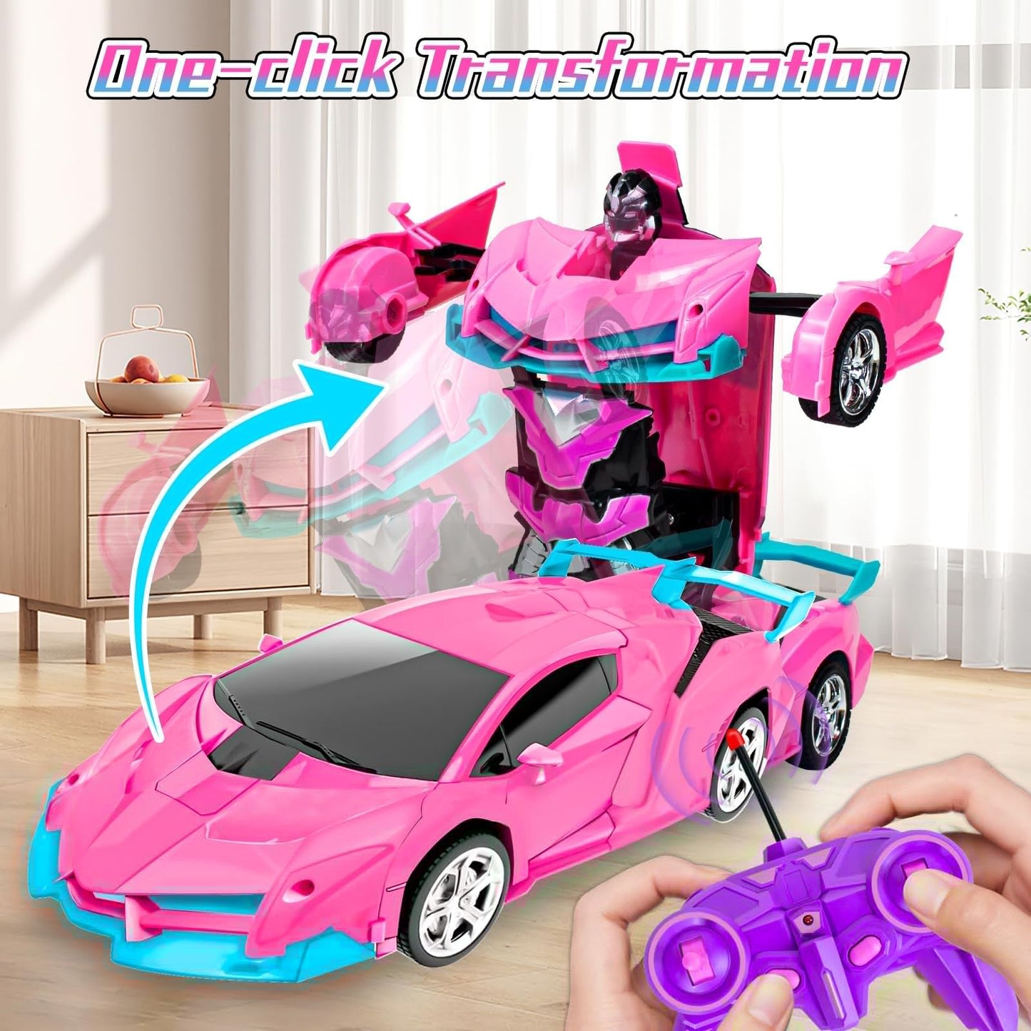 Ynybusi Pink Remote Control Car, Transformation Robot Rc Cars For Kids Girls Boys Gift, 1:18 Scale Racing Car With One-Button De
