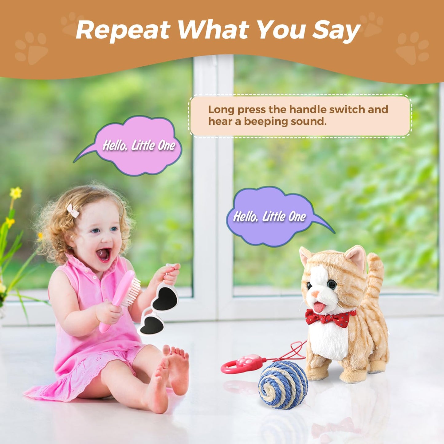 Yellow Pattern Leash Walking Cat Set Interactive Talking Toy Singing Dancing Kitten Mimicking Repeat What You Say Kitty Touch An