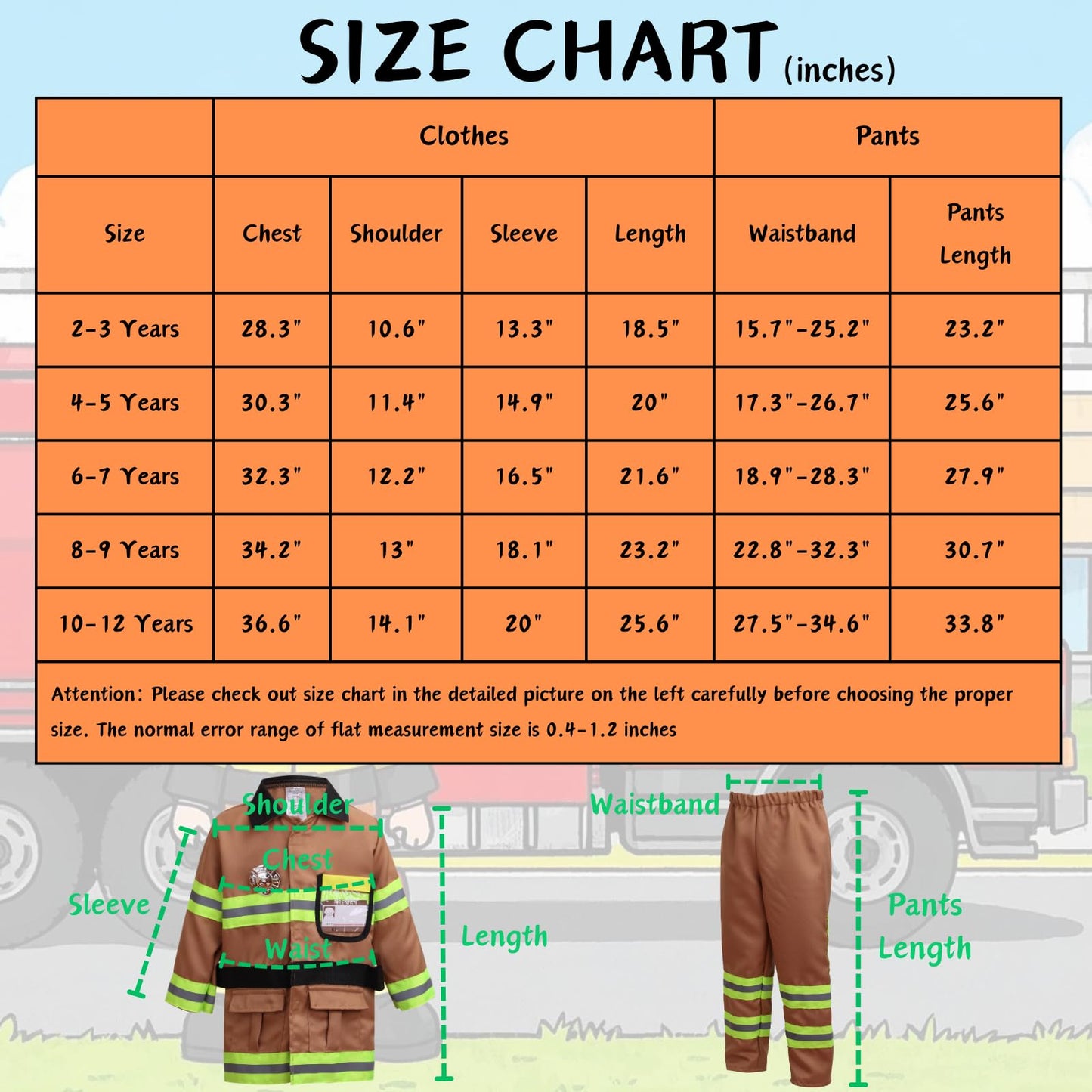 Yolsun Tan Fireman Costume For Kids, Boys' And Girls' Firefighter Dress Up (7 Pcs) 2-3 Years