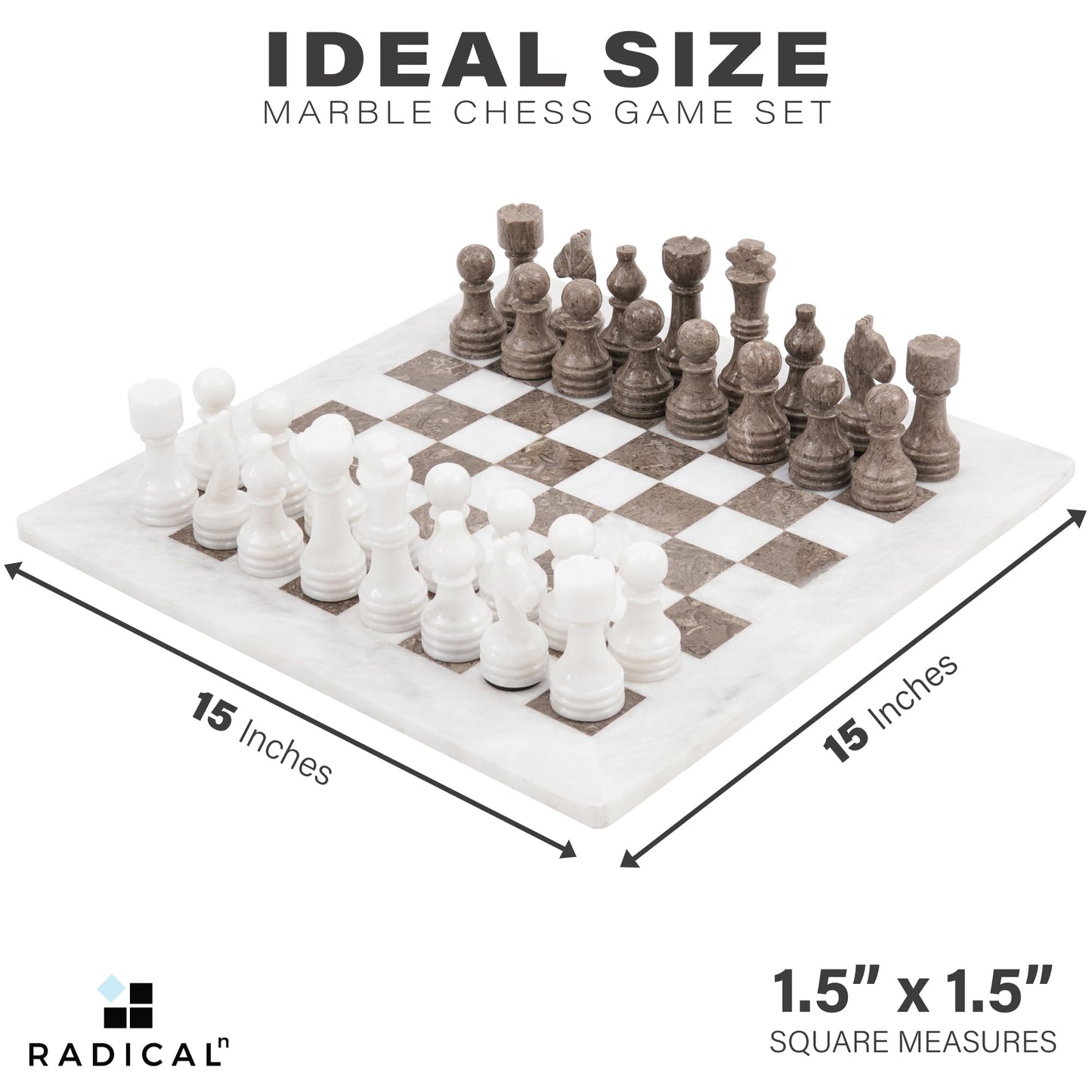 Radicaln Marble Chess Set 15 Inches White And Grey Oceanic Handmade Chess Sets For Adults -1 Chess Board & 32 Chess Pieces - Board Chess Game 2 Player