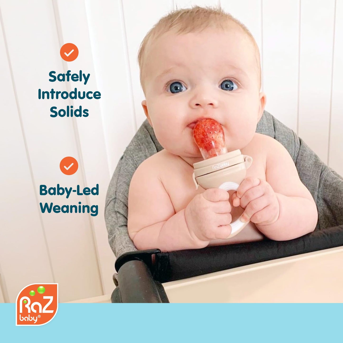 RAZBABY Baby Fruit Feeder Pacifier - Silicone Teether for Infants 6M+, BPA Free, Tan, Model 007-FB