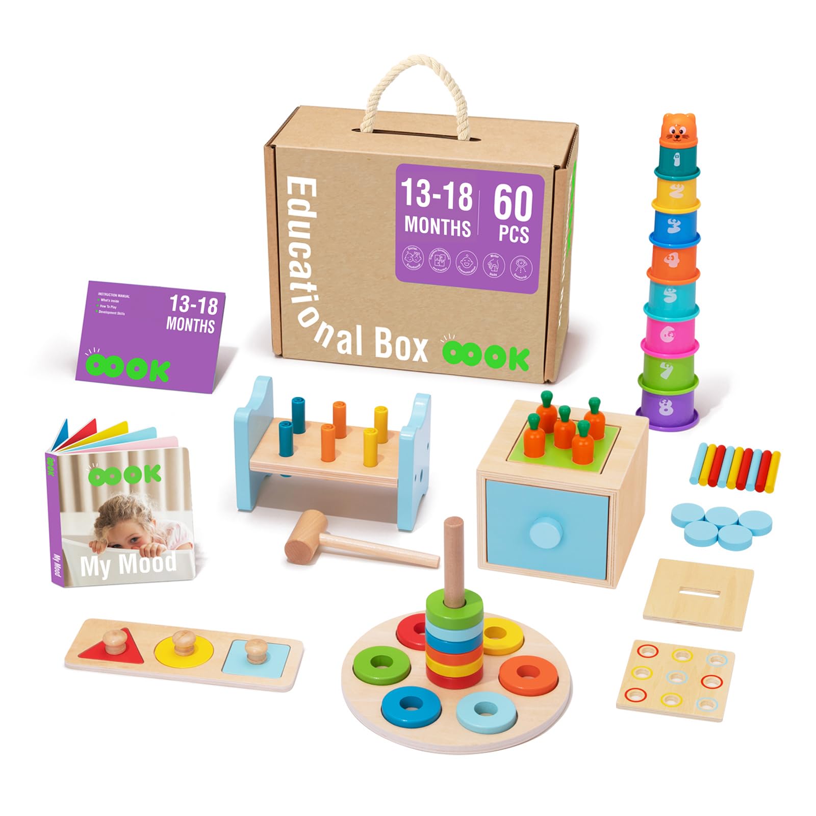 TOOKYLAND Montessori Toys for 1 Year Old  8 in 1 Learning Educational Set Wooden Toys (Includes Stacking Cups  3-in-1 Educational Box  Pound Bench  Shape Puzzle and More)