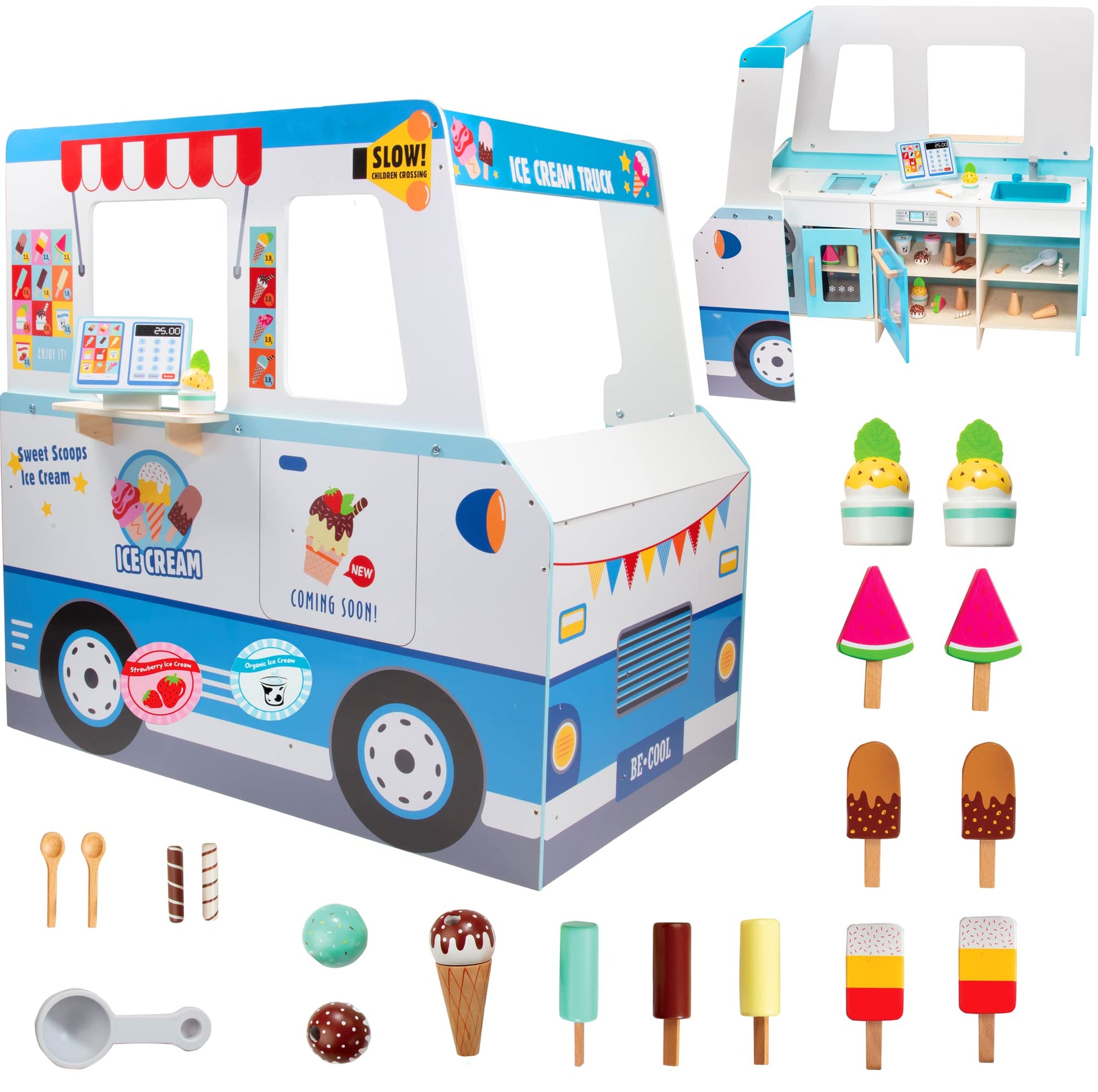 Ice Cream Truck Wooden Playset- 20 Fun Toy Pieces Including Freezer, Steering Wheel Sink & Sticker Sheet for Kids Name, Includes