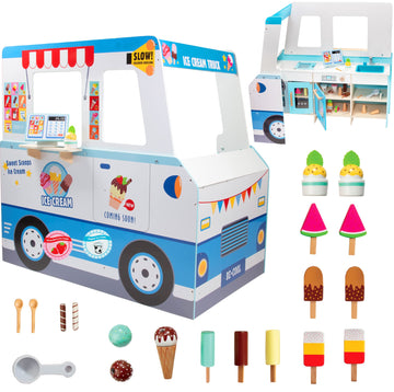 Ice Cream Truck Wooden Playset- 20 Fun Toy Pieces Including Freezer, Steering Wheel Sink & Sticker Sheet for Kids Name, Includes