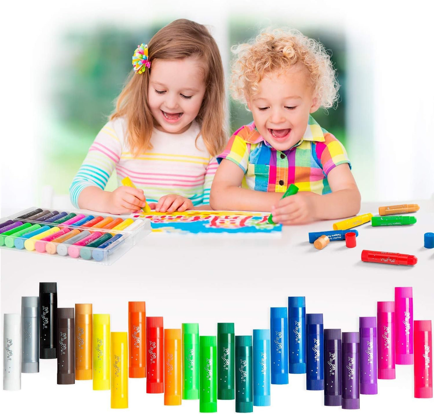 MayMoi Tempera Paint Sticks - 24 Bright Colors, Quick Drying, Easy to Color and Washable Crayons for Kids and Students