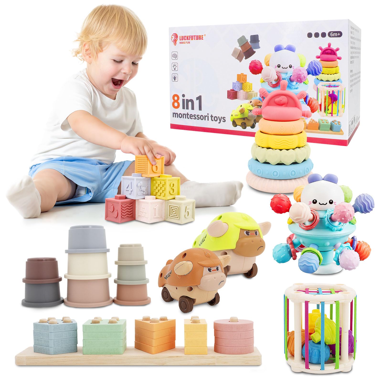LUCKFUTURE Baby Toys 6 to 18 Months  8 in 1 Montessori Toy Set  Educational Learning Toy for Toddlers Babies Sensory Toys Newborn Infant Gifts for Boys & Girls