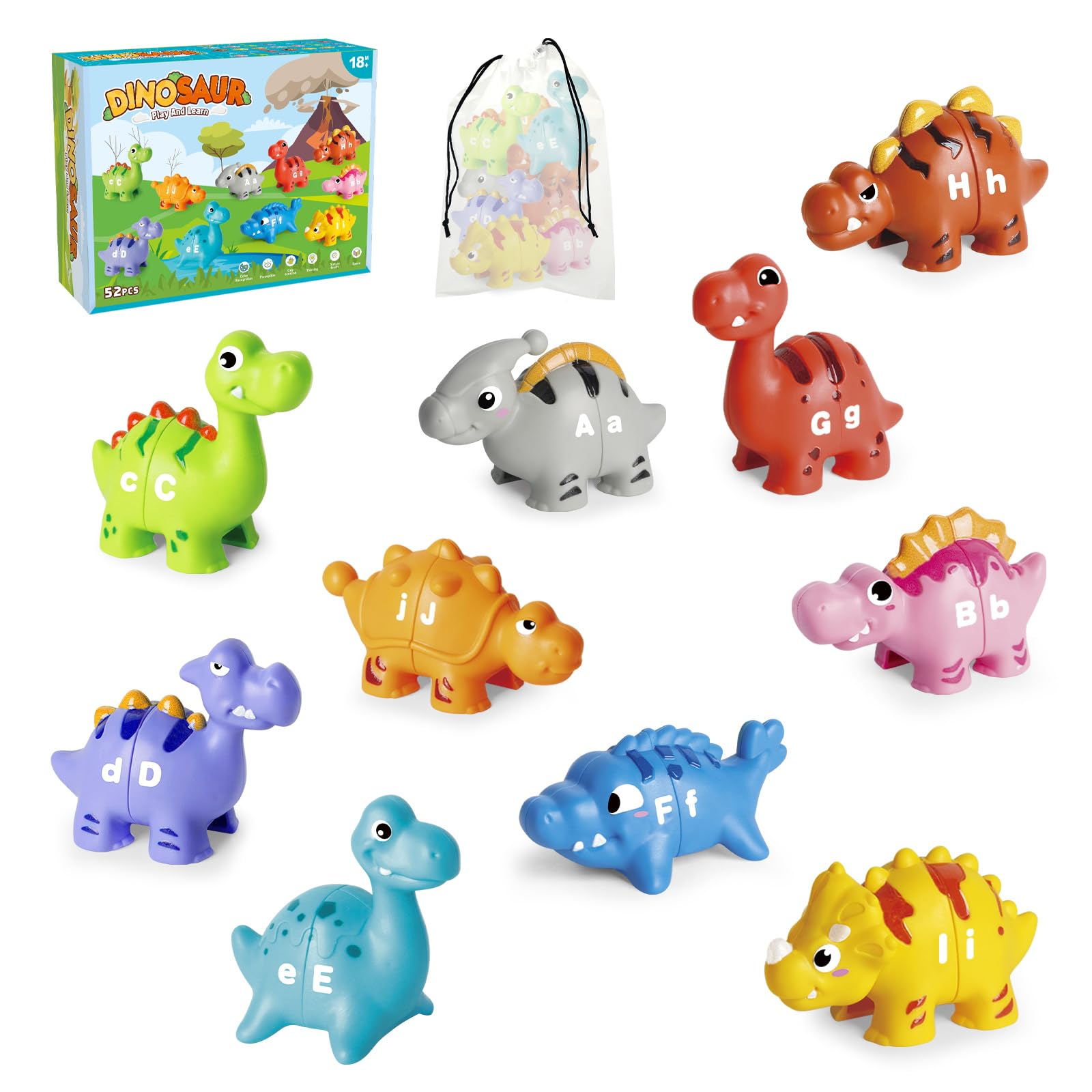 Happymate 52 Pcs Dinosaur Alphabet Learning Toys For Toddlers 2-4, 10 Different Dinosaur Figures, Double Sided Abc Matching Game