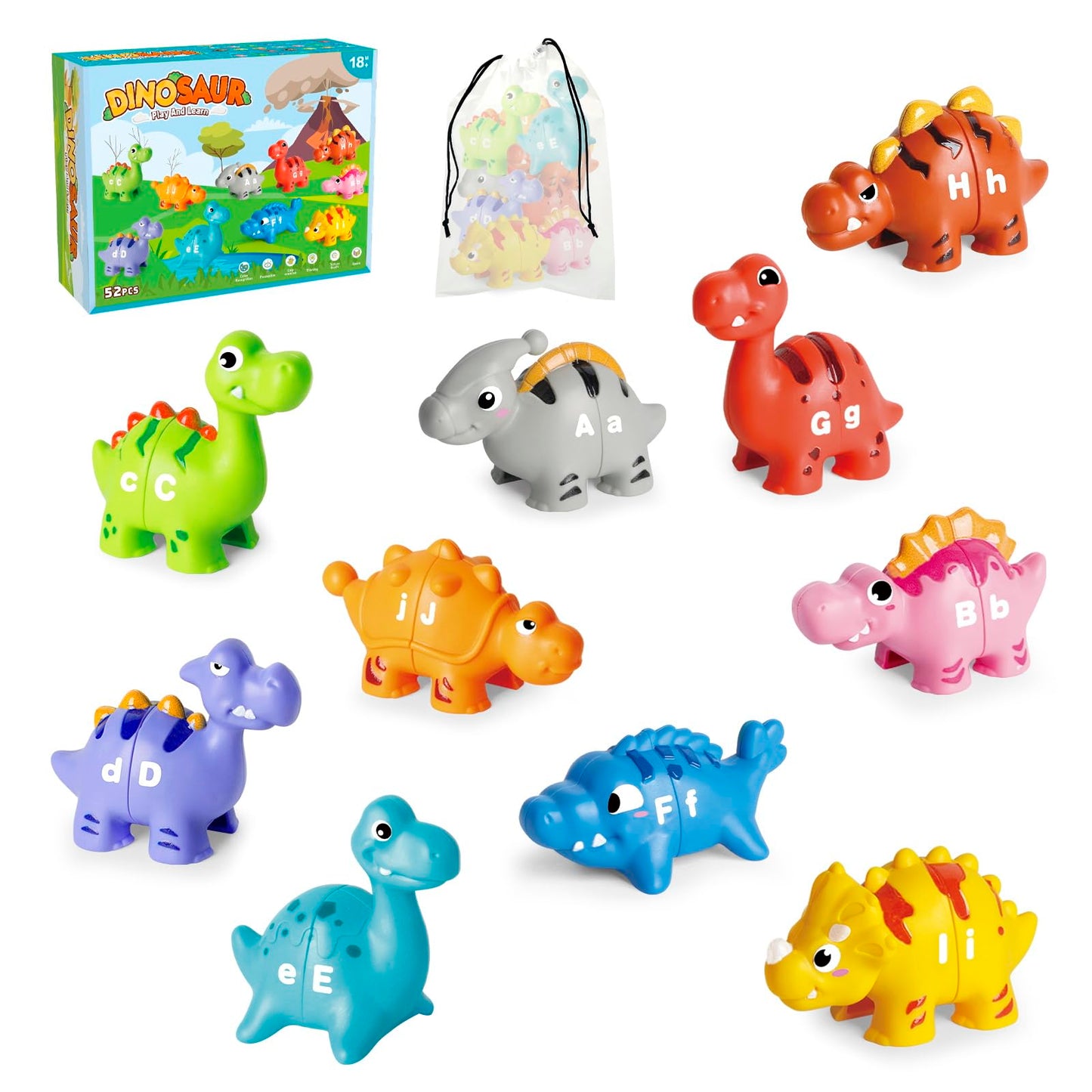 Happymate 52 Pcs Dinosaur Alphabet Learning Toys For Toddlers 2-4, 10 Different Dinosaur Figures, Double Sided Abc Matching Game