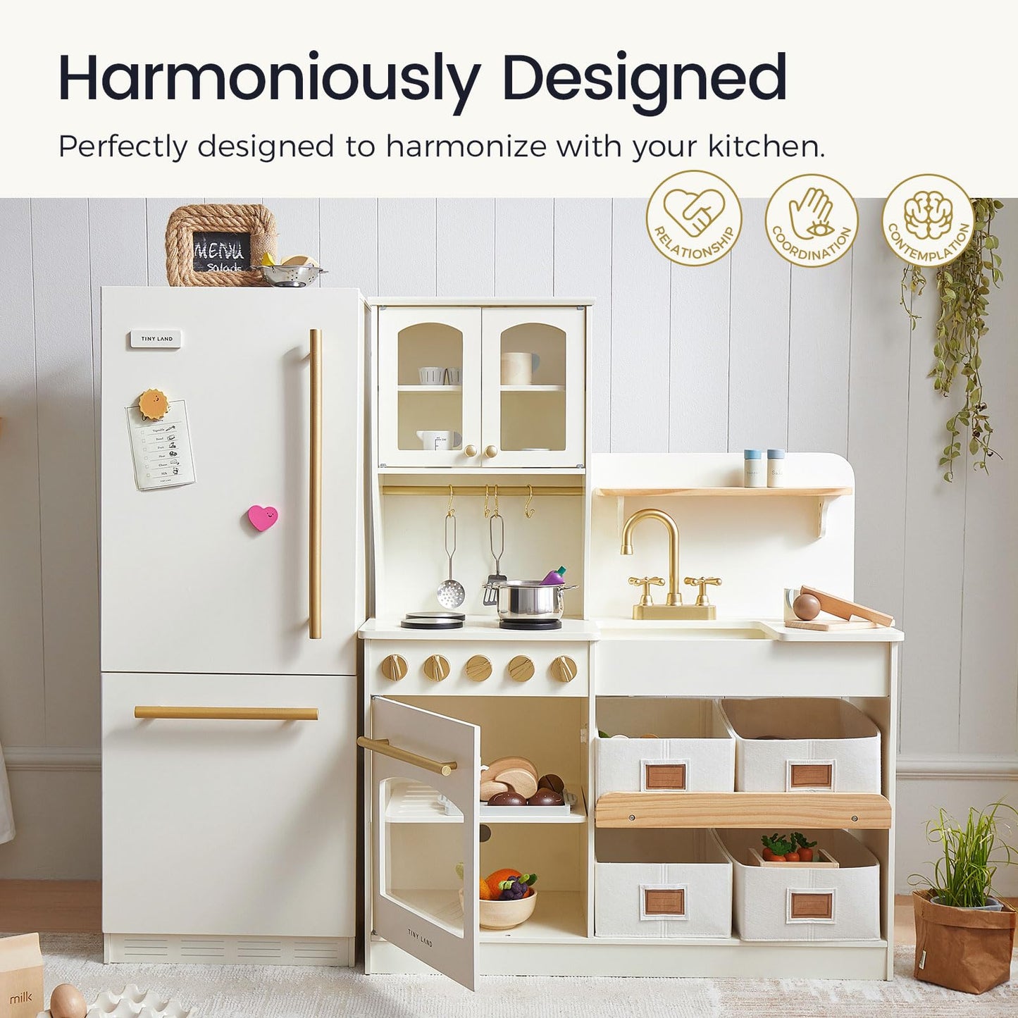 Tiny Land Wooden Toy Fridge with Magnetic Door, DIY Fridge Magnets and Spacious Storage, Realistic Play Kitchen Refrigerator for