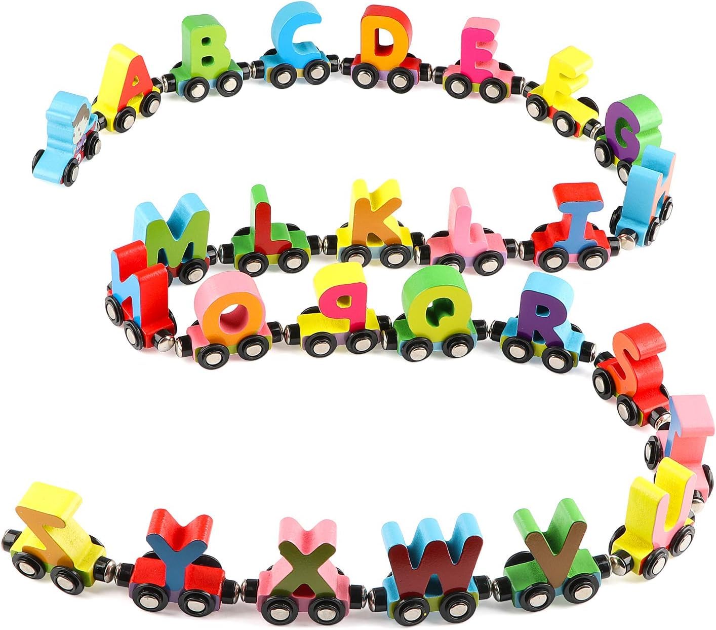 Shinetoy 27 Pcs Wooden Alphabet Train Toy  Wooden Magnetic Alphabet Abc Train Set Includes 1 Engine, Letter Cars For Toddlers B