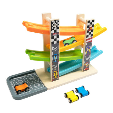 Wood City Toddler Toys for 3 4 5 Years Old, Wooden Car Ramp Racer Toy Vehicle Set with 4 Mini Cars & Race Tracks, Montessori Toy