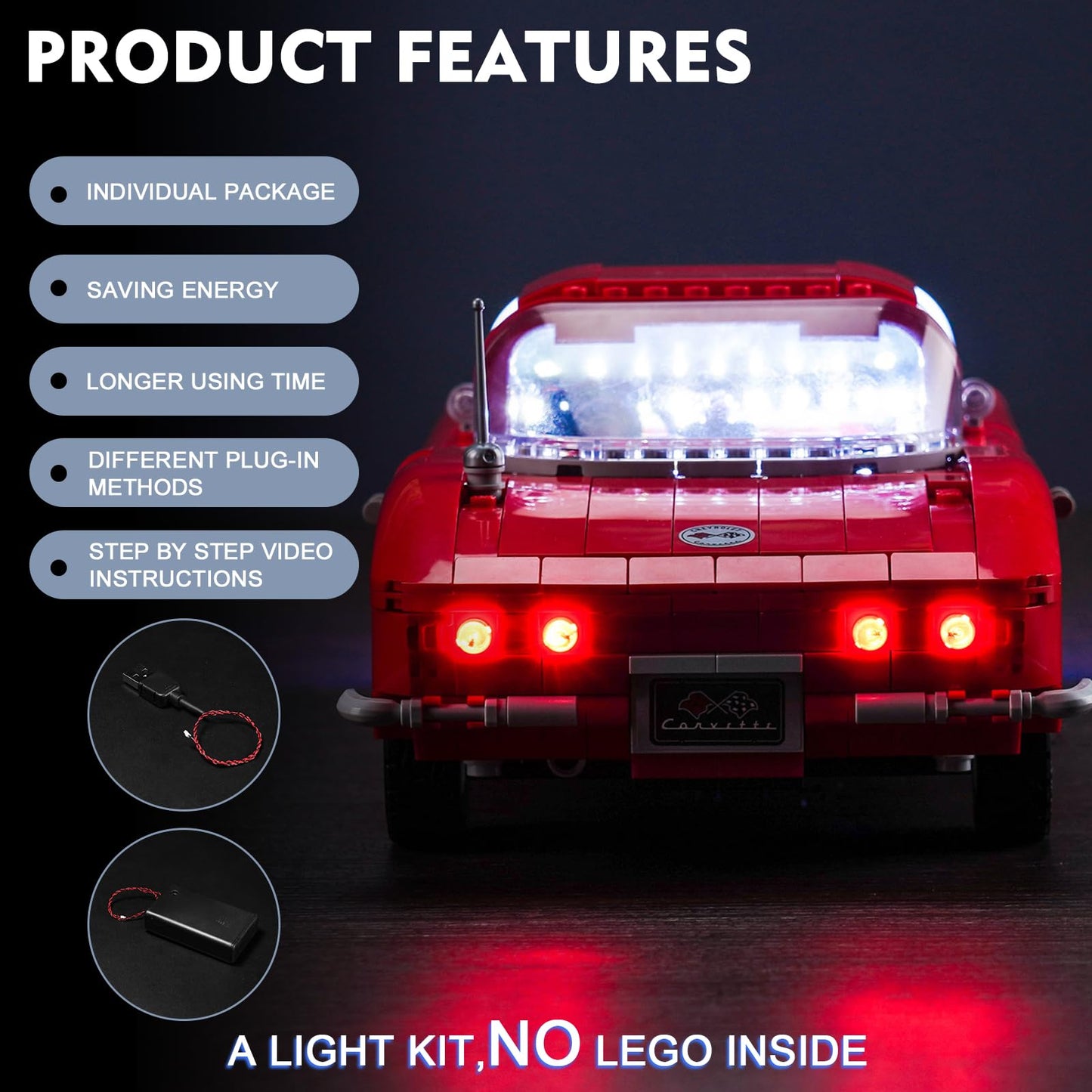Brickbling Led Light Kit Compatible With Lego Corvette 10321 Toy Car, New 2023 Lighting Compatible With Lego Chevrolet Corvette- No Model Included