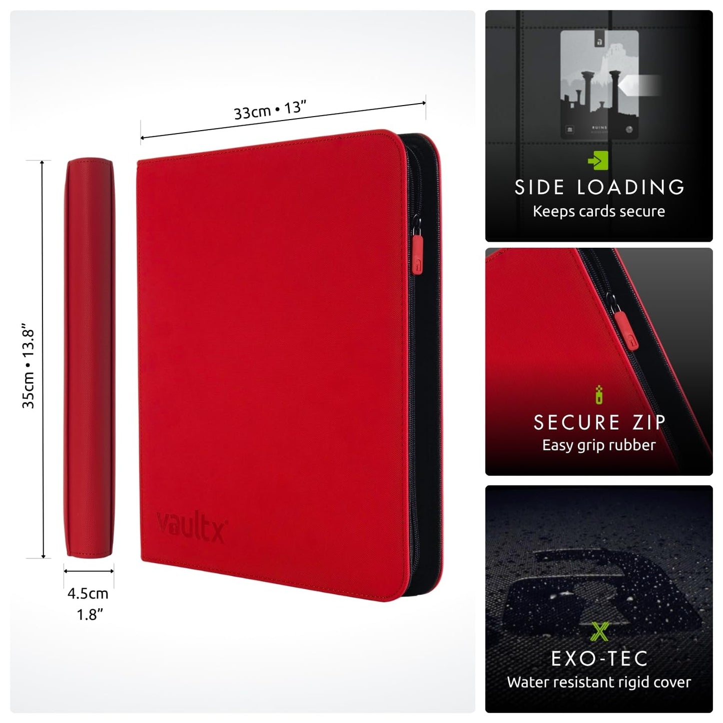 Vault X 12 XL Pocket Trading Card Zip Binder - 624 cards  enhanced Exo-Tec Album Material  26 Side-Loading Pages  Folder for Collectible Card Games  Sports  TCG (Red)