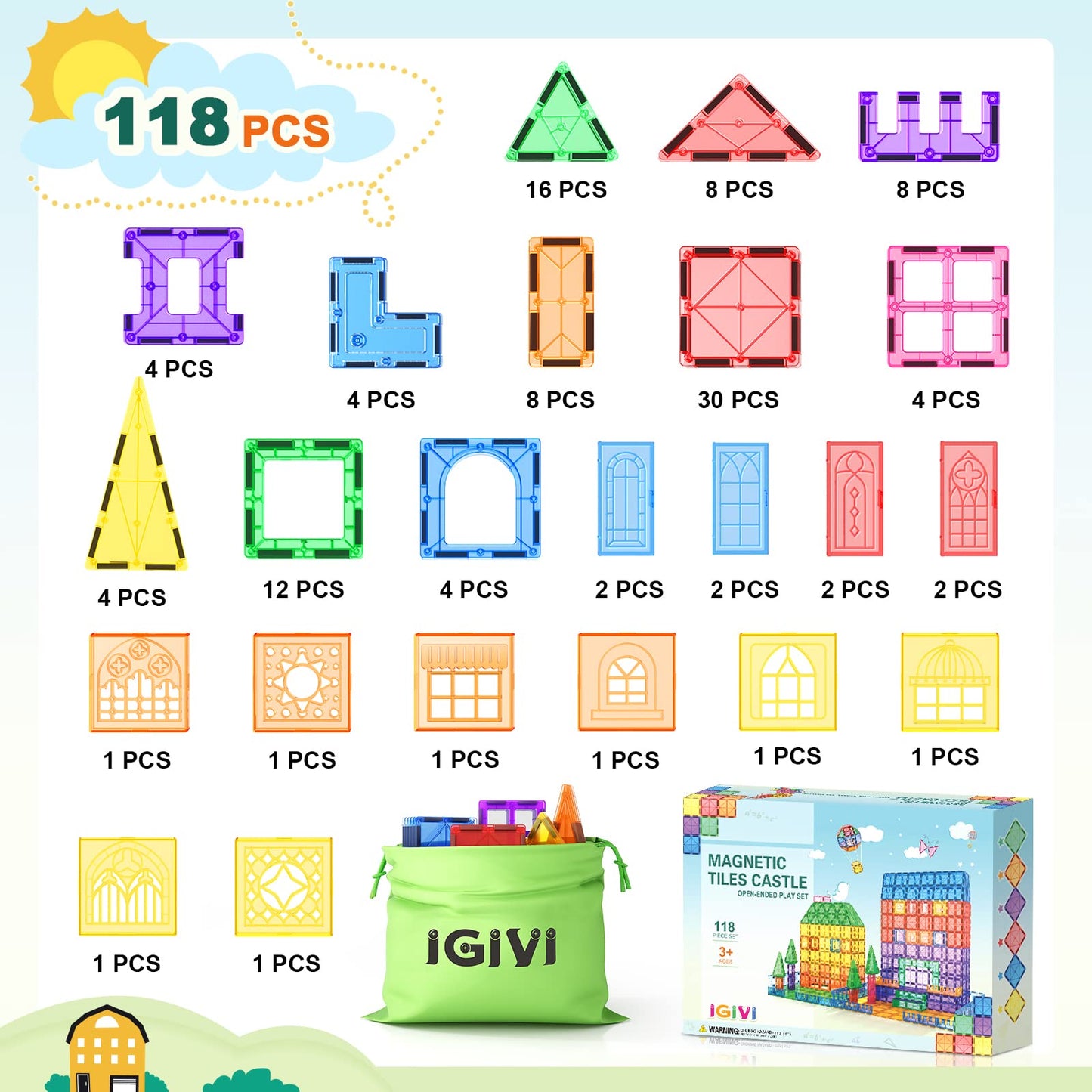 Igivi 118Pcs Magnetic Tiles, Magnet Building Blocks, Kids Toys For Ages 4-8 5-7, Stem Educational Construction Toys For Toddlers, Birthday For 3 4 5 6 7 8 Year Old Boys And Girls