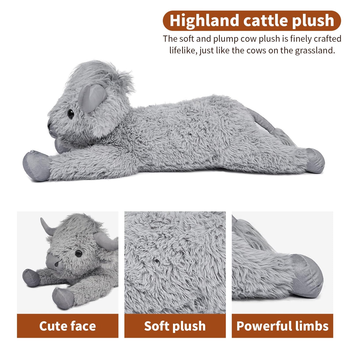 Wdxdsob Highland Cow Stuffed Animal - 38.5'' Grey Giant Cows Plush Toy Gift For Kids & Adults, Cattle Decorations Pillows Living