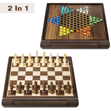 Elongdi 2 In 1 Magnetic Chess Set & Chinese Checkers 13' Wooden Board Game With Storage Drawer And 60 Glass Marbles + Bonus 12 Spare & 2 Extra Queens,For Kids And Adults