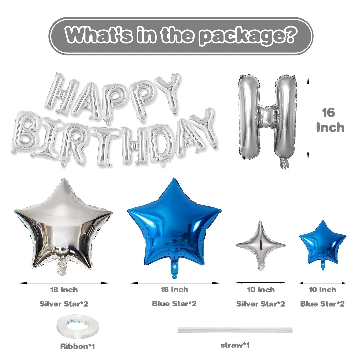 Happy Birthday Balloons Banner, Silver Happy Birthday Foil Balloons 16 Inch Mylar Foil Letter Balloons With 8 Pcs Blue Silver St