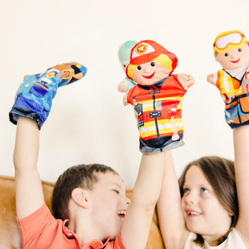 Melissa & Doug Jolly Helpers Hand Puppets (Set Of 4) - Construction Worker, Doctor, Police Officer, And Firefighter