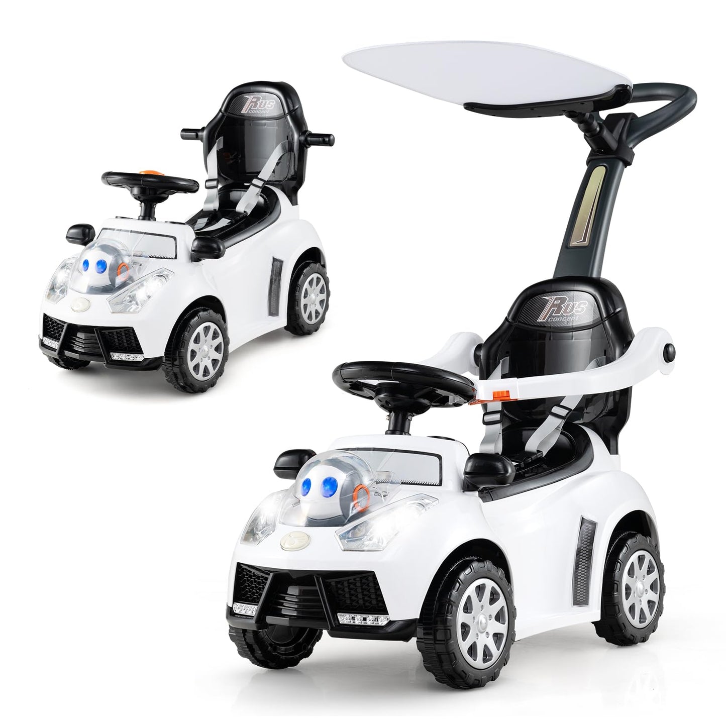 Costzon Push Car For Toddlers, 3 In 1 Stroller Sliding Walking Car With Handle, Canopy, Seat Belt, Horn, Music & Lights, Under-S