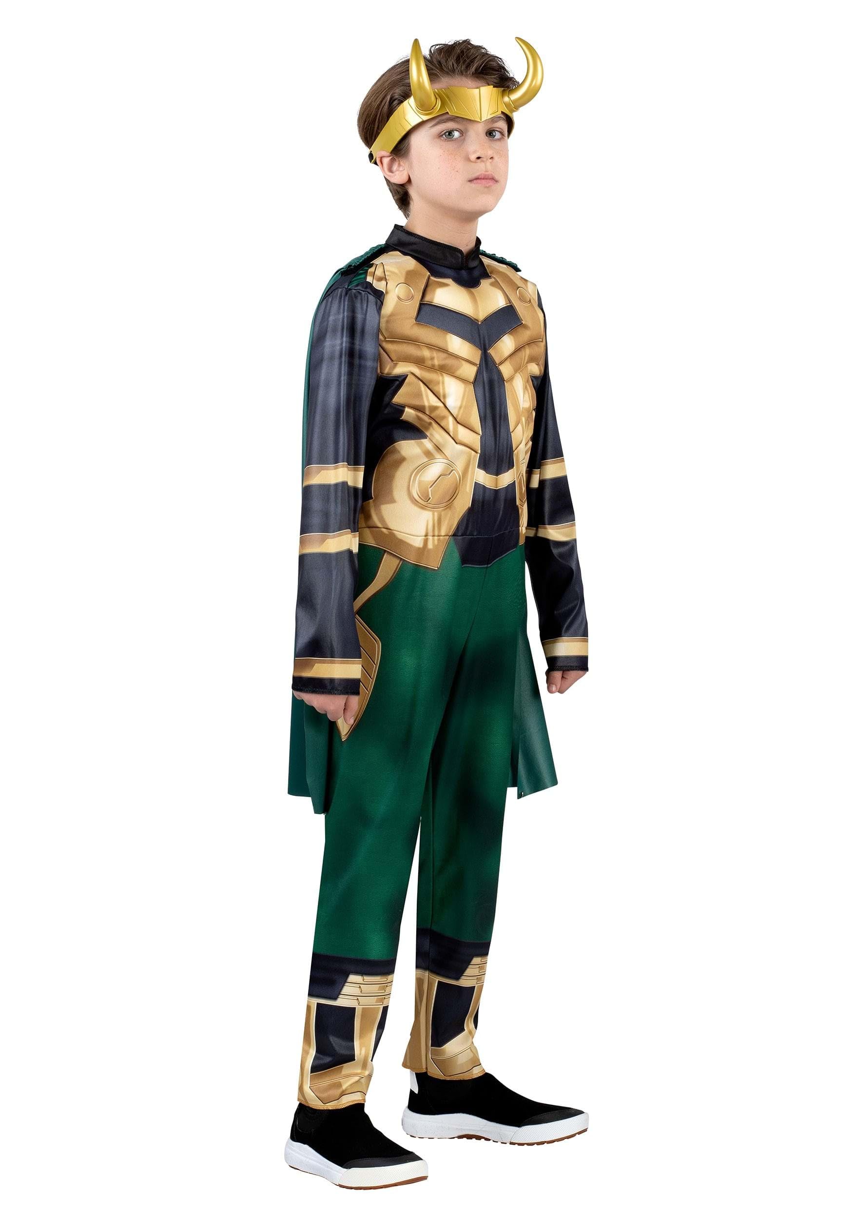 MARVEL Loki Youth Costume - Padded Jumpsuit with Detachable Cape and Plastic Headpiece Large