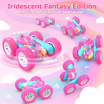 DEERC Rainbow Remote Control Car for Girls, Pink RC Cars Toy with LED Lights, 2.4 GHZ Double Sided RC Stunt Drift Car 360Rotatin