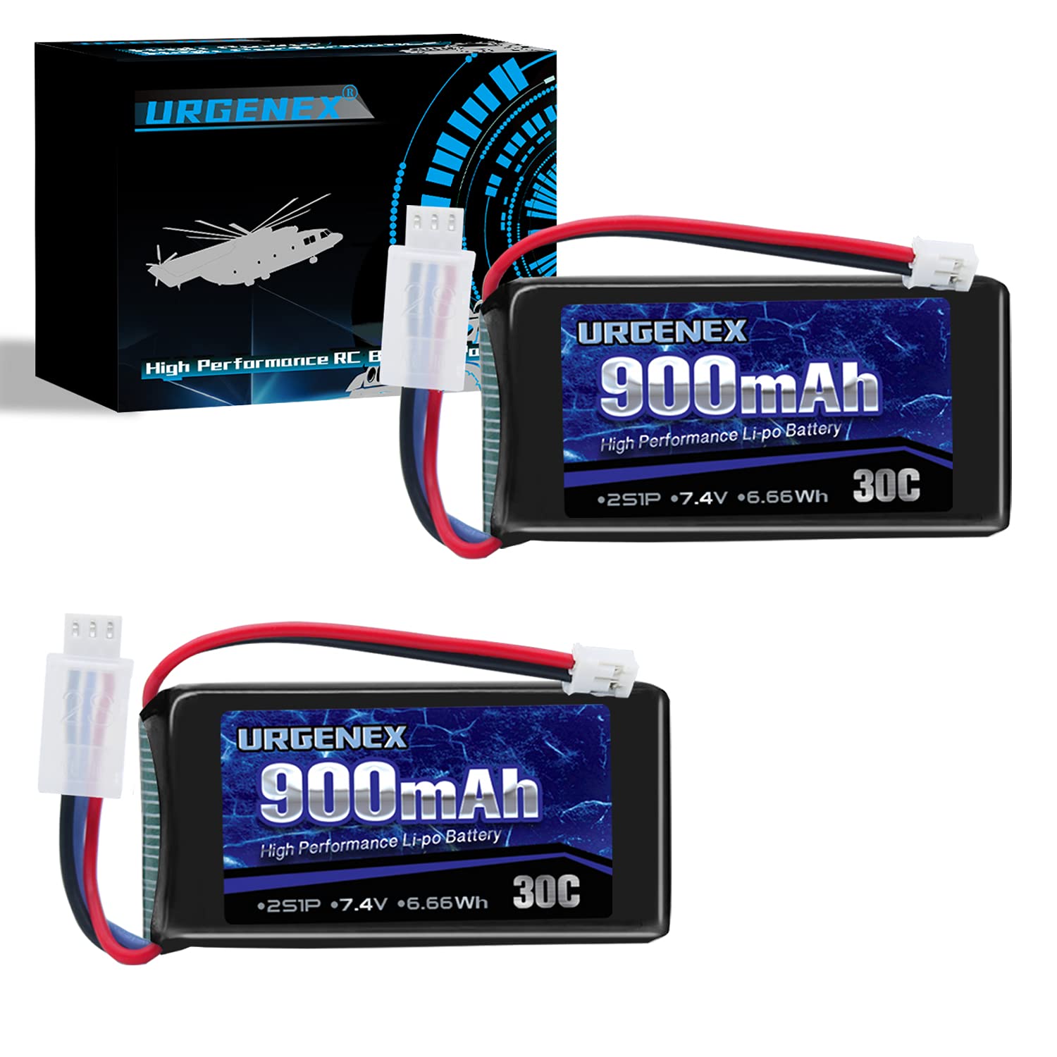 URGENEX 7.4V Lipo Battery 2S 30C 900mAh Rechargeable Lipo Battery with PH2.0 Plug Compatible with Most 1/10, 1/16, 1/18, 1/24 Sc