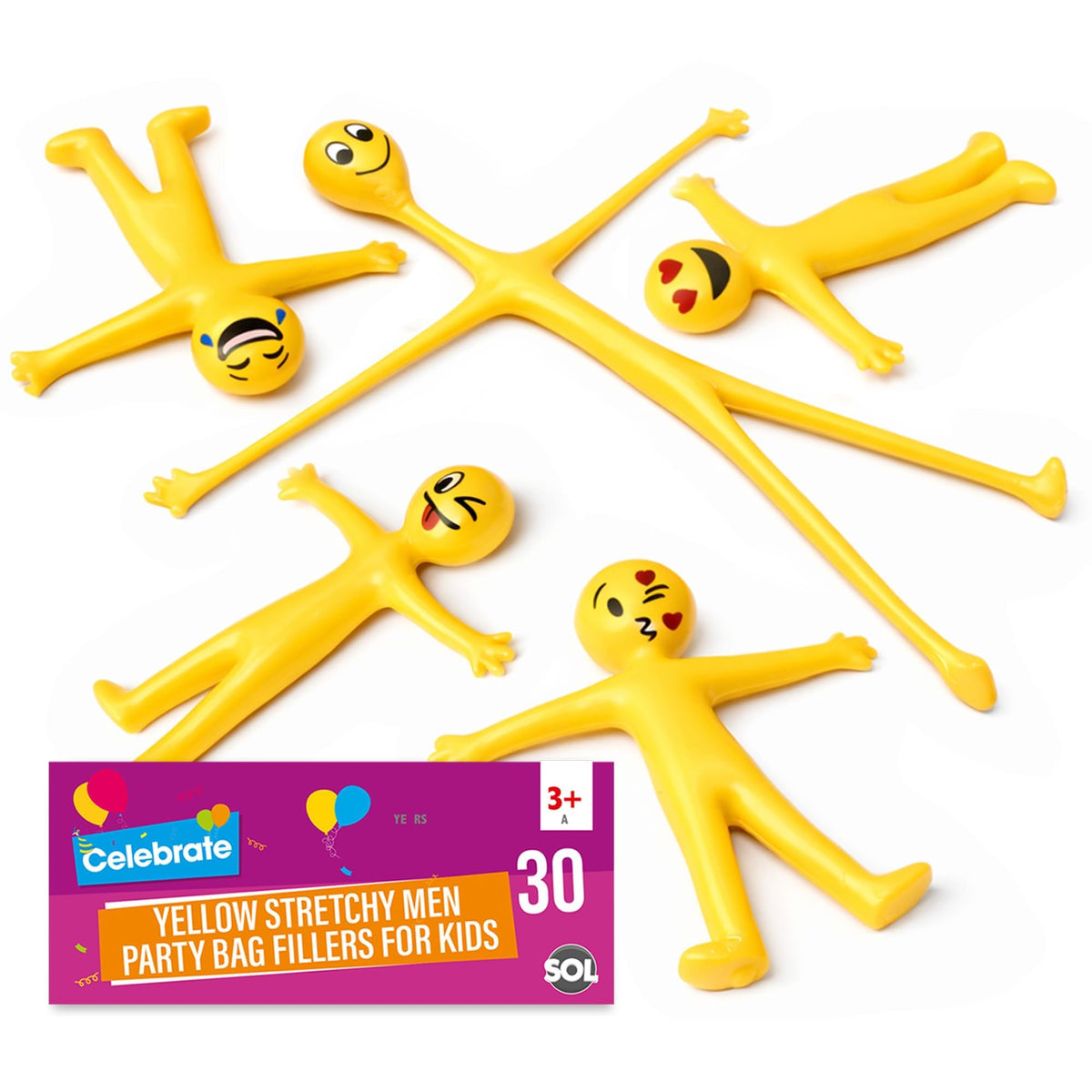 SOL 30pk Yellow Stretchy Men Party Bag Fillers For Kids, Fun Flexible Stretchy Toys in Assorted Emoji Faces, Ideal for Party Fav