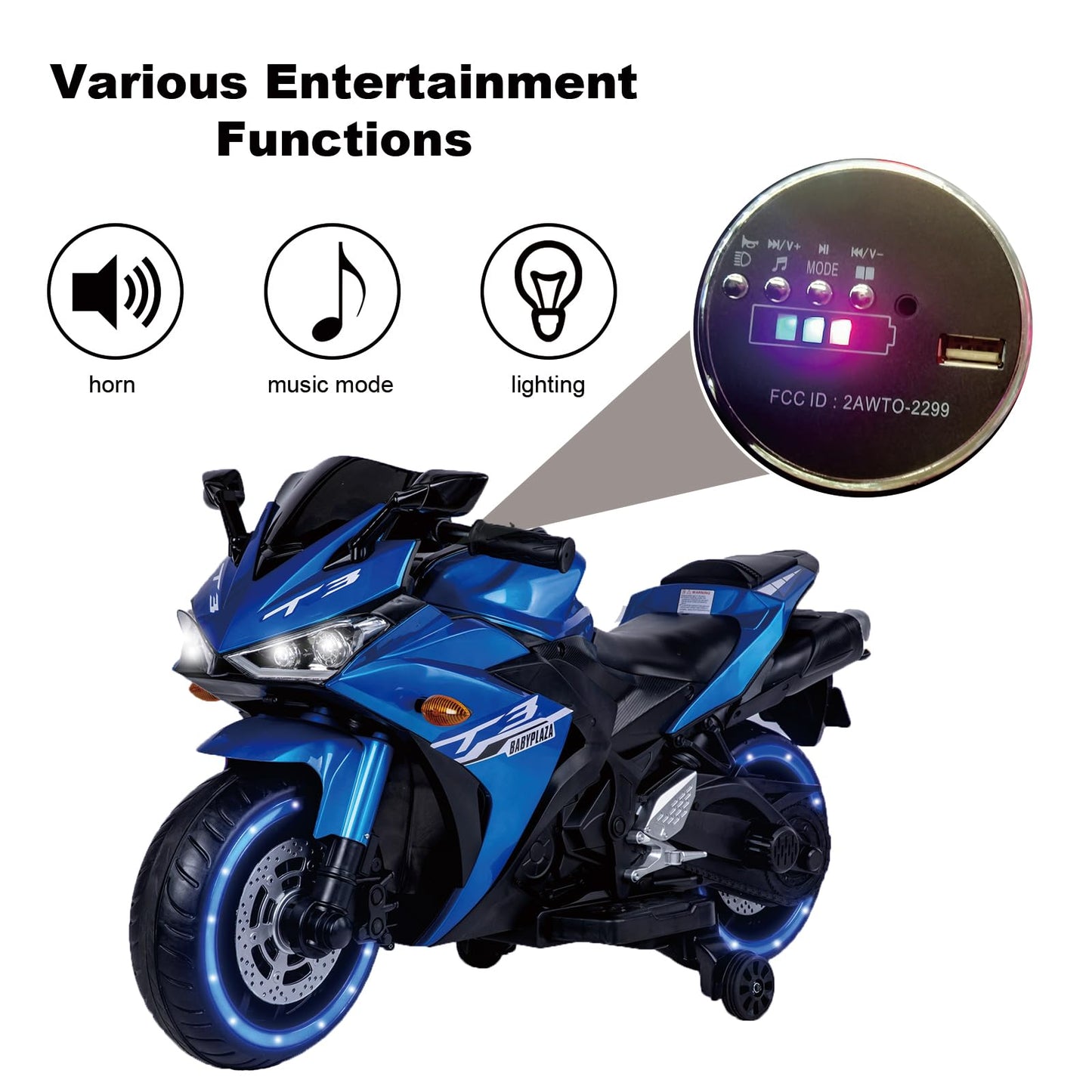 12V Kids Ride On Motorcycle,Electric Ride On Motorcycle With Training Wheels, Light Wheels, Manual Throttle,Led Lights, Music,Us