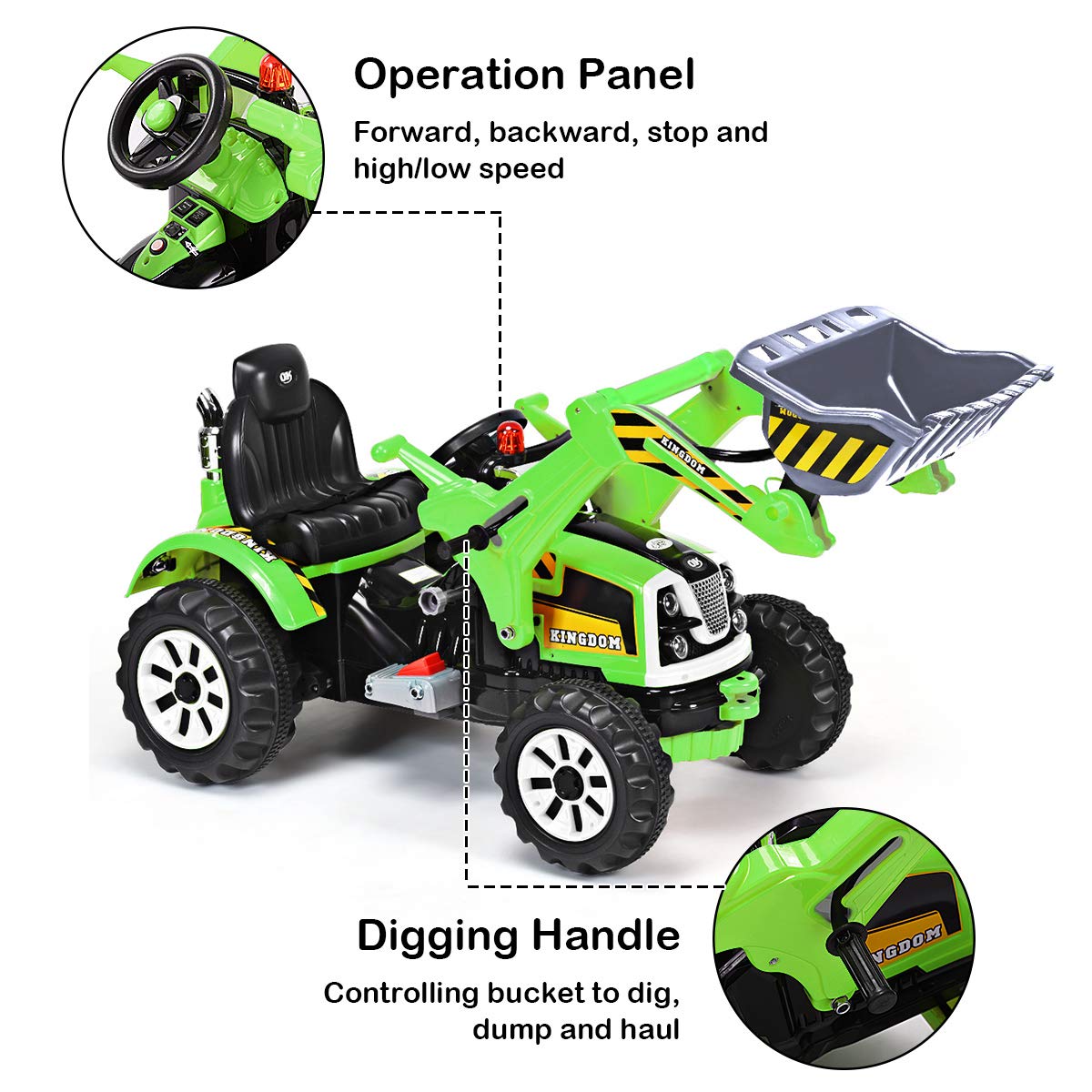 Costzon Ride On Excavator, 12V Battery Powered Construction Vehicles For Kids, Front Loader With Horn, 2 Speeds, Forward/Backward, Safety Belt,Treaded Wheels, Digger, Ride On Car (Green)