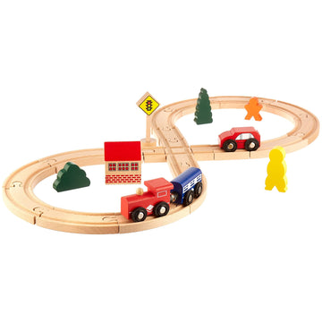 Figure 8 Railway Set, 28 Pieces - Wooden Train Track Set With Train Cars, Town Pieces, People And Tracks - Compatible With Major Wood Toy Trains - Games, Toys, Hobbies, And Activities For Family Fun