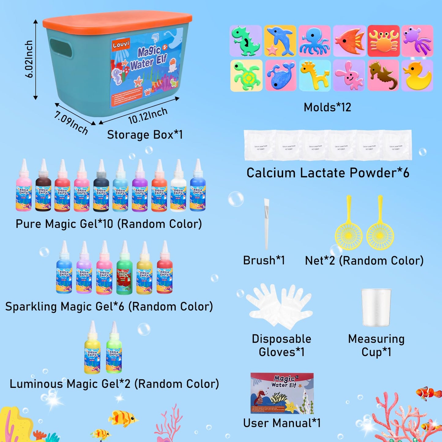 Lovyi Magic Water Elf Toy Kit,Aqua Fairy Water Gel Kit,DIY Squishy Maker with 18 gels &12 Shape Toolings,Magic Gel Water Pets,Sq