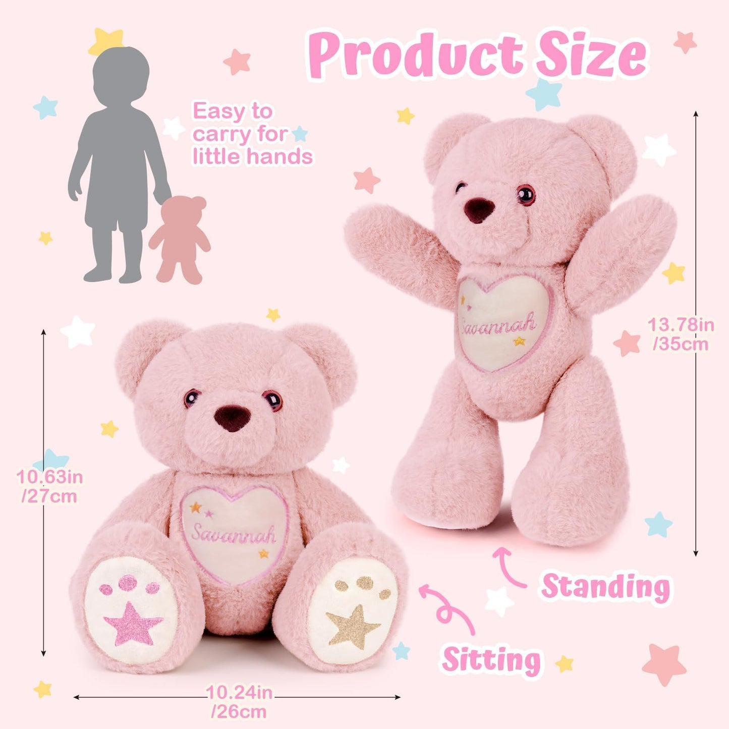 Customizedbee Custom Starlight Teddy Bear 14 in - Personalized Plush with Embroidered Name & Stars, Soft Huggable Toy with Posea