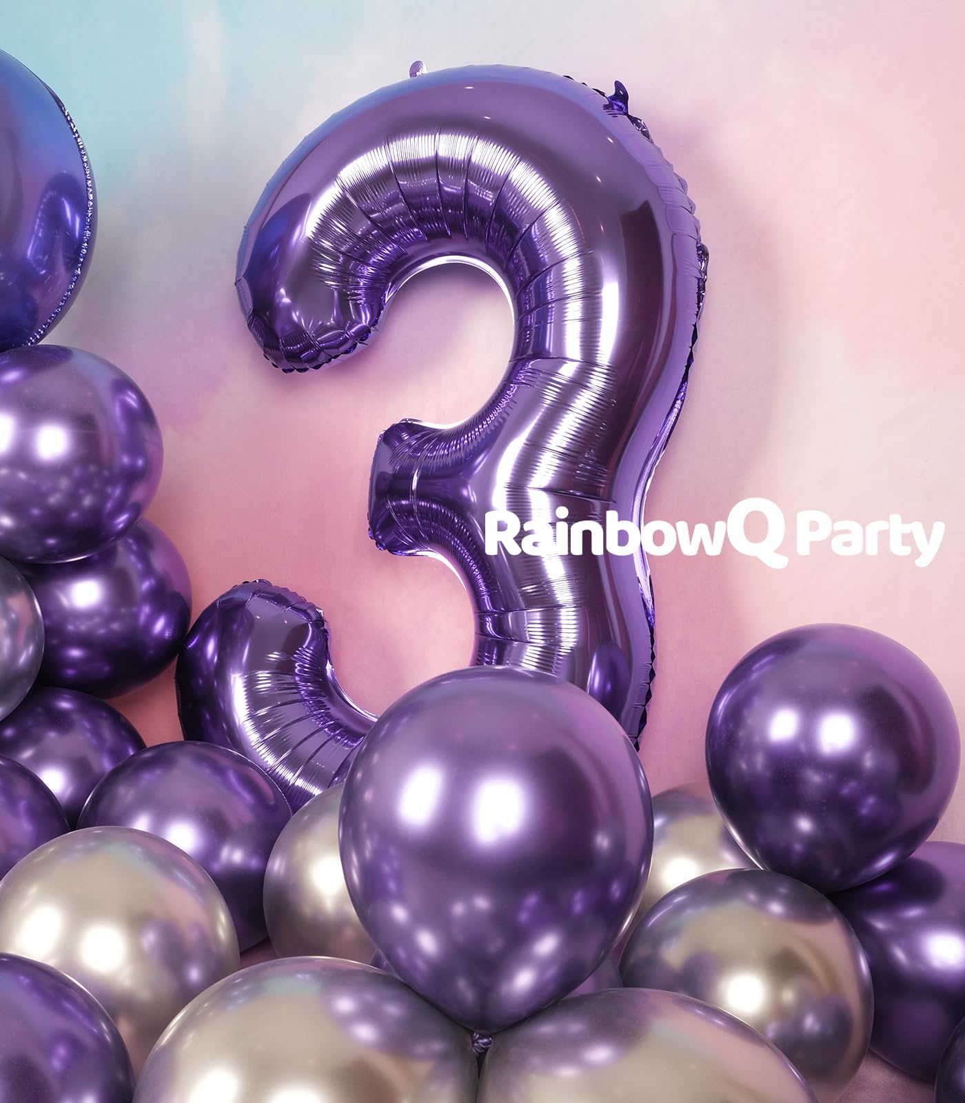 Rainbowq Party 3 Balloon Number 40 Inch For Boy Or Girl Big Purple 0-9 Foil Mylar Large 3 Number Balloon Happy 3Rd Birthday Part