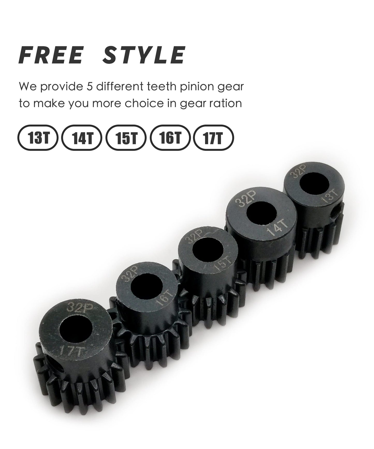 VICRAZZE 32p 5mm Pinion Gear Set 13T 14T 15T 16T 17T with 1/8 inch(3.175mm) Coupler and hex Key for 0.8 Metric Pitch RC Buggy Ca