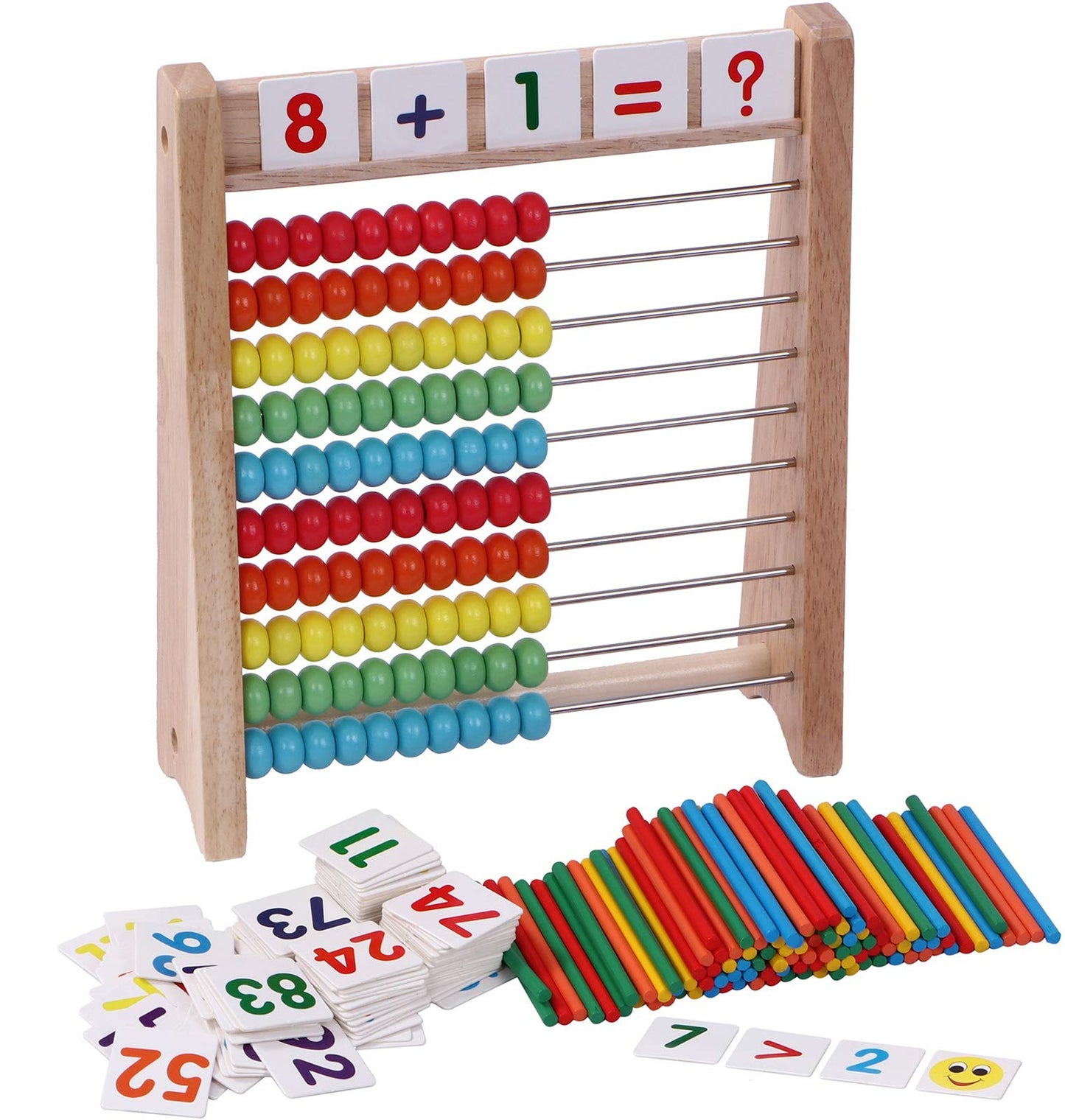 Cltoyvers Wooden Abacus For Kids - 100 Counting Sticks And Number Toys Cards 1-100, Educational Math Games For Preschool And Elementary School 1St 2Nd Grade