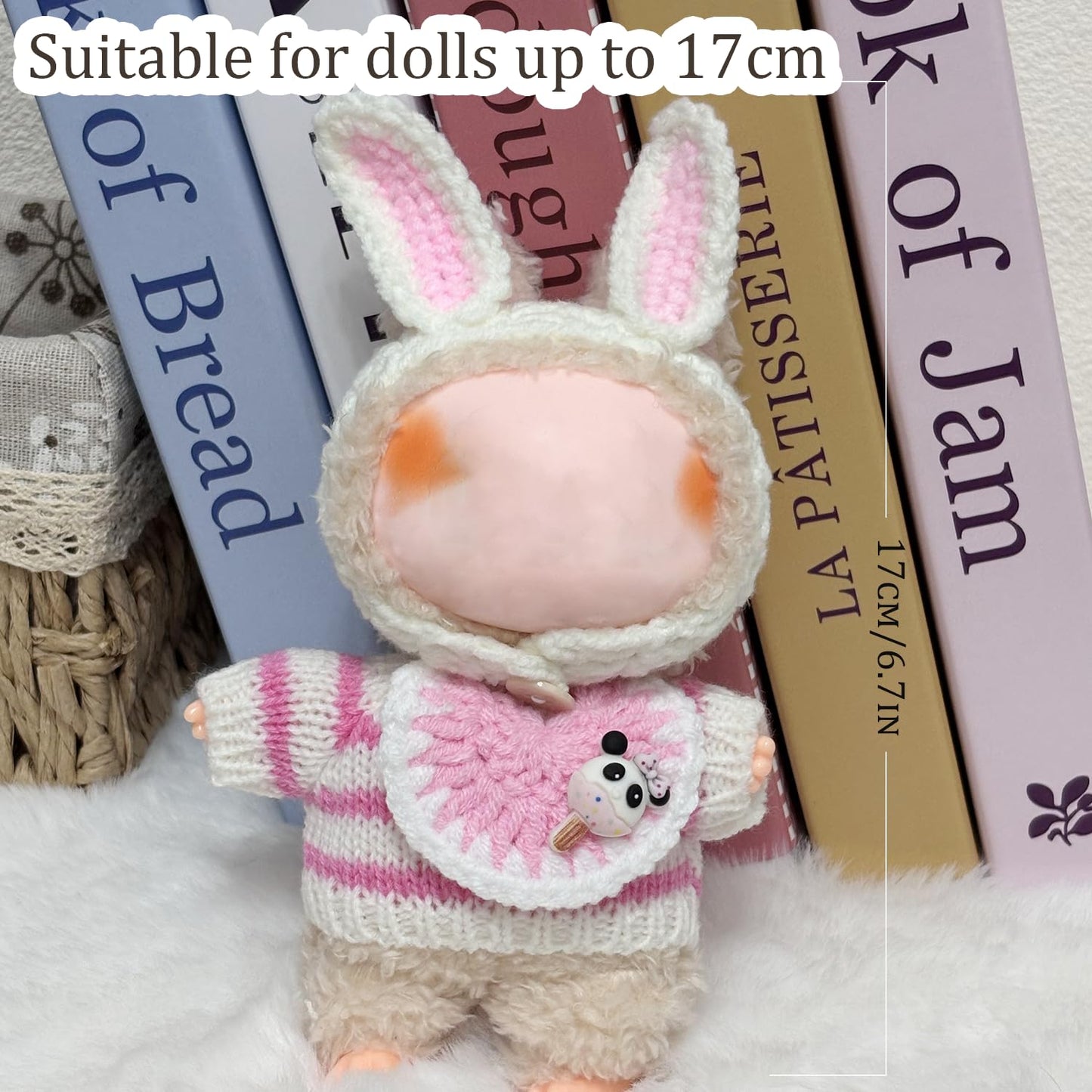 Clothes for Labubu 17cm Labubu Accessories Crochet 3 Piece Set Outfits for Labubu(Pink Rabbit)