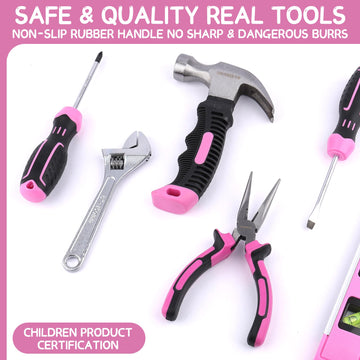 URASISTO 22-Piece Kids Tool Set with Tool Storage Bag, Pink Junior Real Hand Tool Kit for Boys & Girls, Children Learning Tools