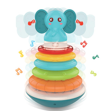 PlenPLAY Baby Tummy Time Toys - Musical Stacking Rings for Toddlers 1-3, Sensory Learning Toys with Elephant Themed Stackable Ri