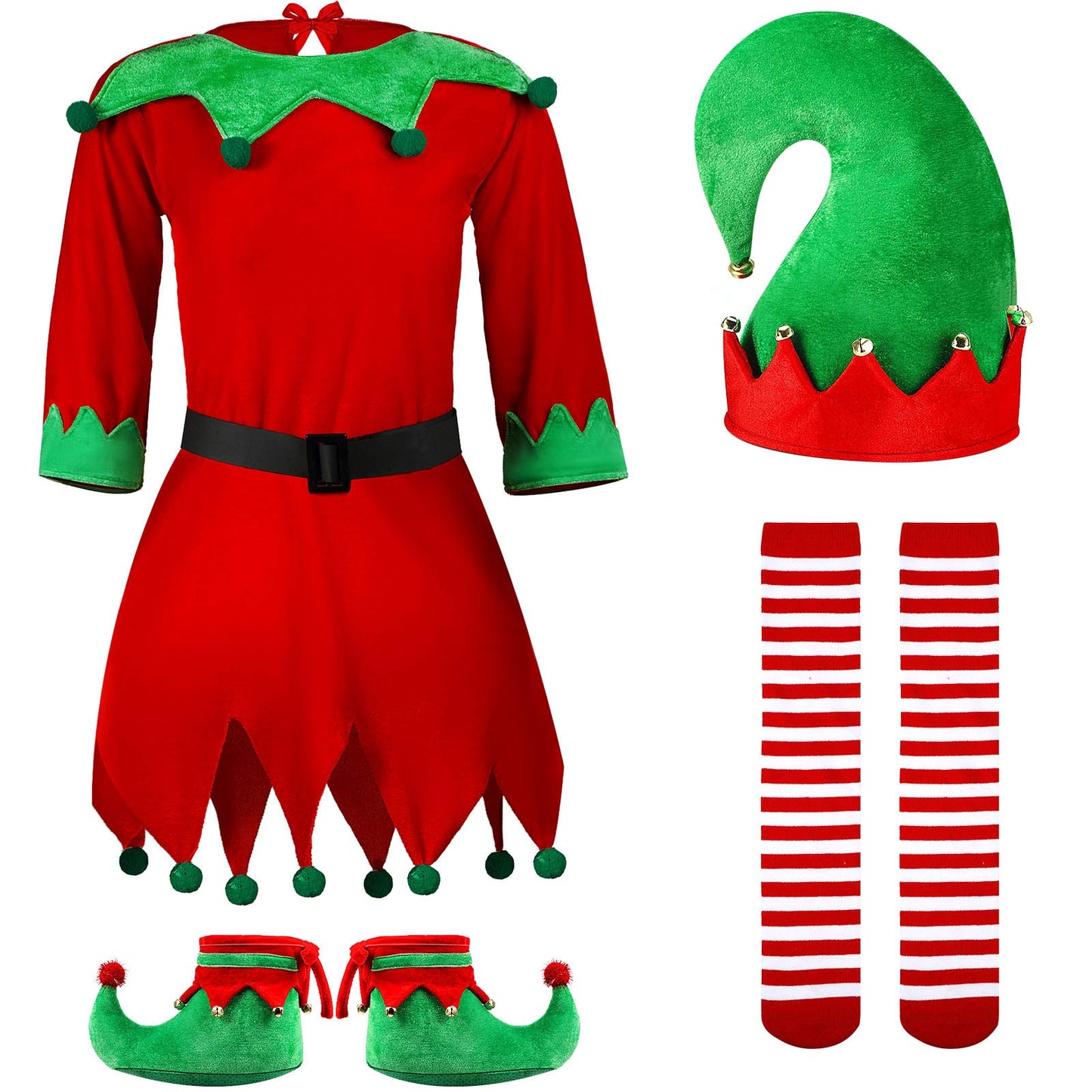 Syhood 5 Pcs Christmas Elf Costume Kids Girls Velvet Elf Costume Santa'S Helper Outfit With Hat Shoes Belt Striped Stockings(Fit 12-15 Years Old,Bright Color)