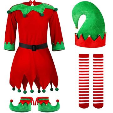 Syhood 5 Pcs Christmas Elf Costume Kids Girls Velvet Elf Costume Santa'S Helper Outfit With Hat Shoes Belt Striped Stockings(Fit 12-15 Years Old,Bright Color)