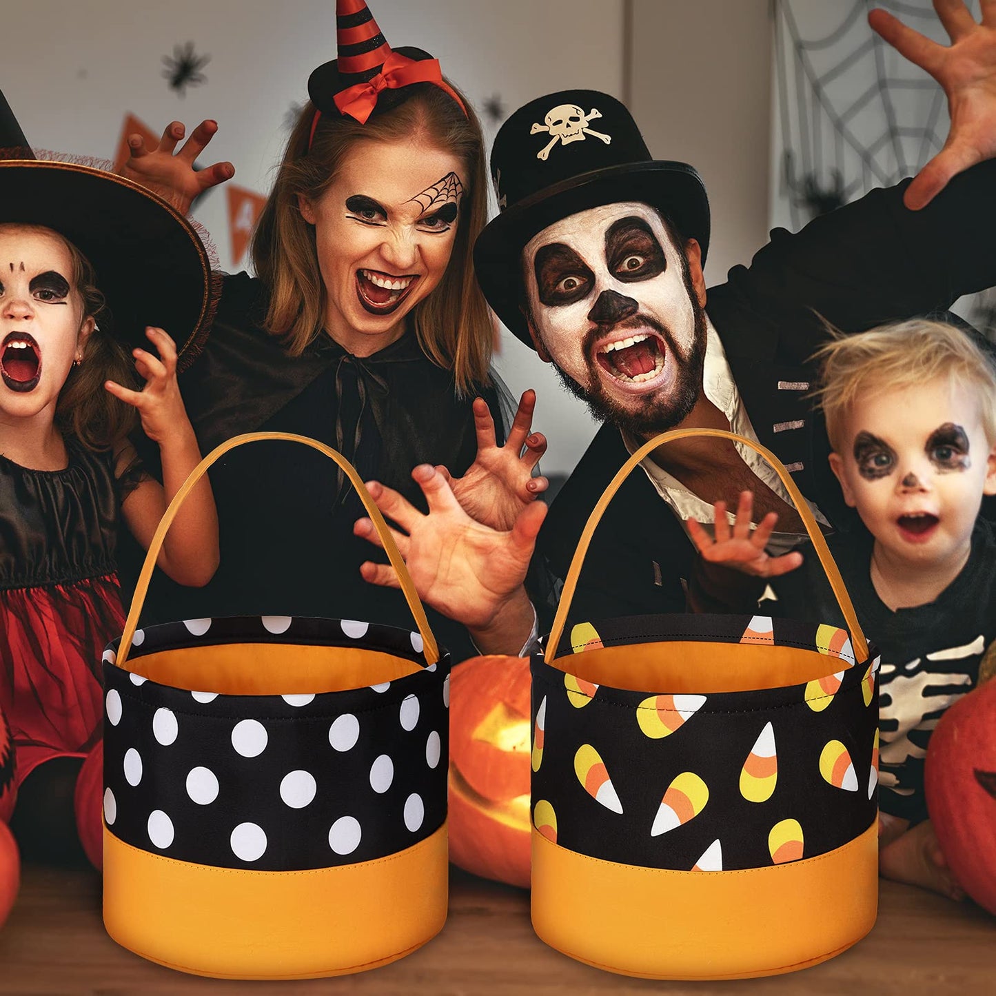 2 Pieces Trick or Treat Bags Halloween Candy Buckets Fabric Candy Tote Bags for Halloween Supplies, 2 Styles (Corn and Dot)