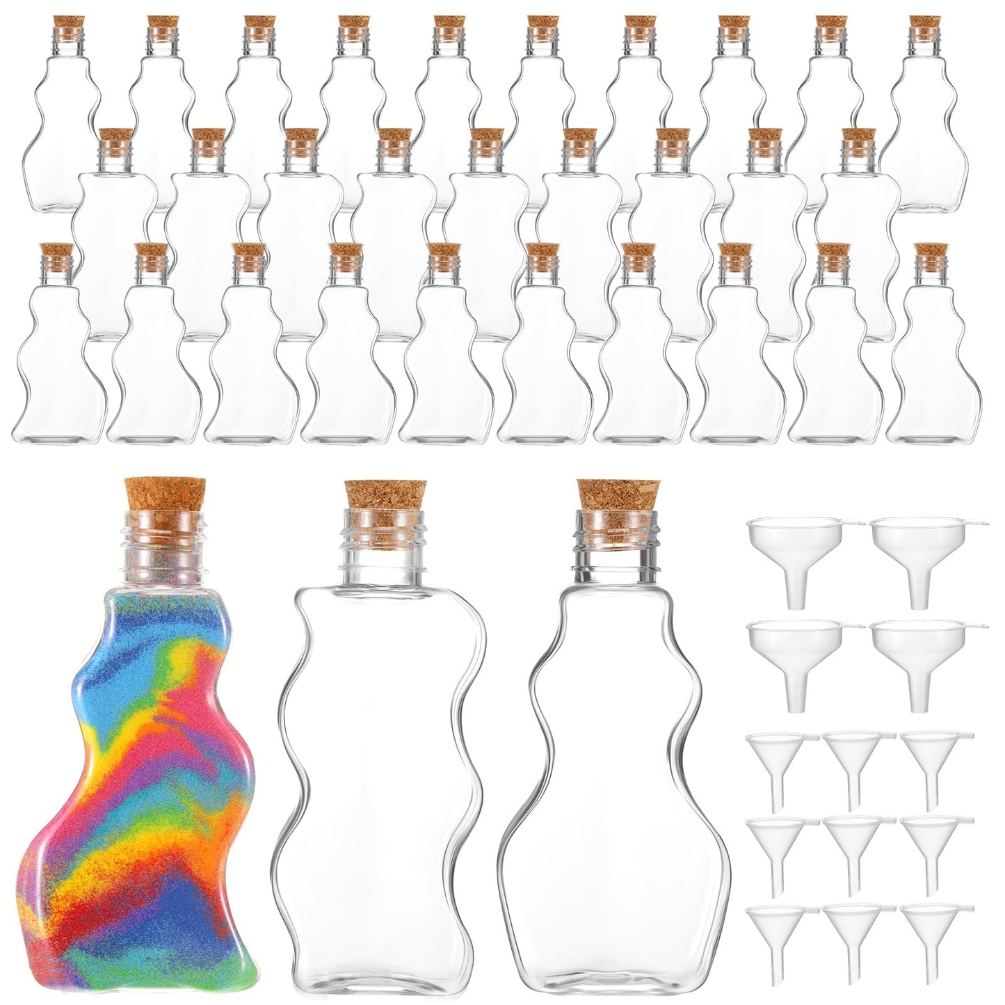 Yaomiao 30 Packs 2.5 oz Plastic Sand Art Bottles with Corks for Kids 3 Styles Sand Art Clear Containers for Sand Art Wedding Inv