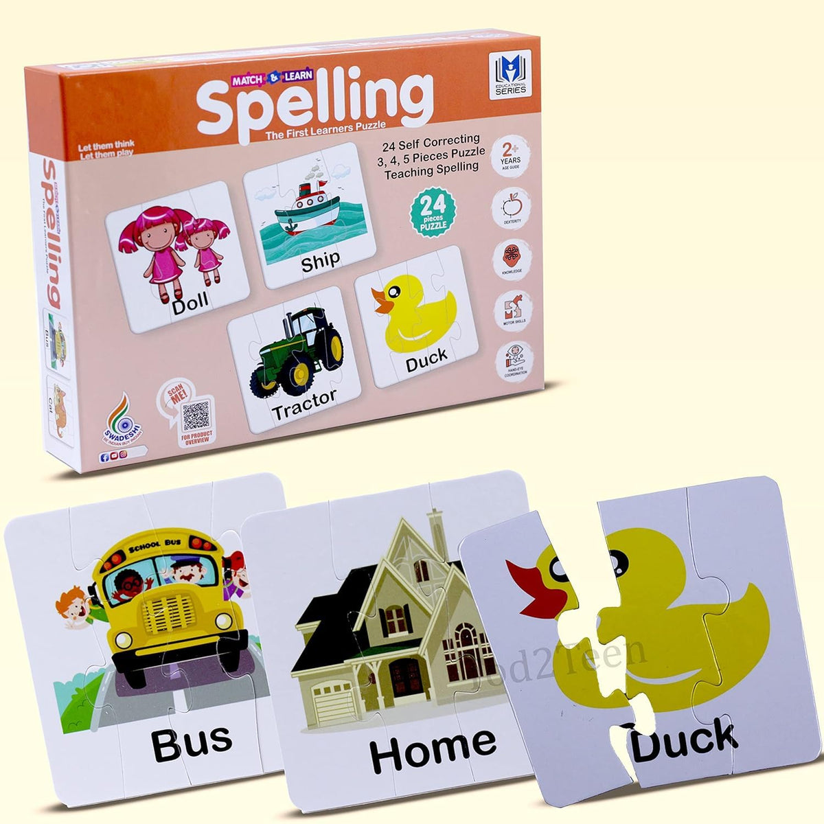 Spelling Puzzle Game for Kids | 24 Word Puzzles | 86 Pieces | SelfCorrecting Jigsaw for Early Learning | Improves Spelling, Voc