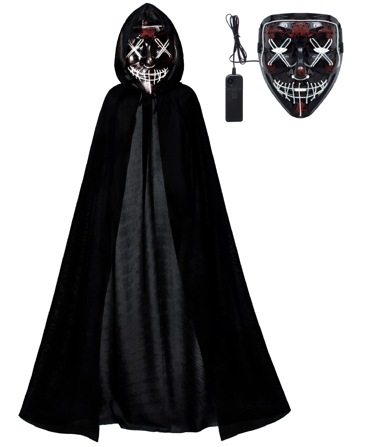Kids Full Length Hooded Velvet Cloak Halloween Cape Costumes With White Led Light Up Scary Mask (47'/120Cm)